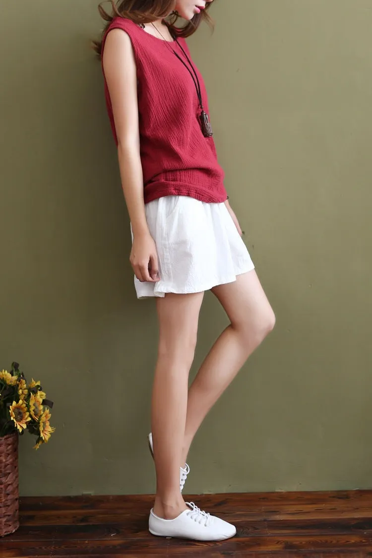 Art Cotton Blend Casual Pants Culottes Women Elastic Waist Loose All-Matching Shorts