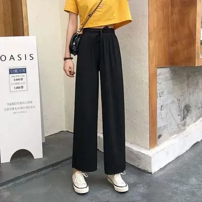 Drape Wide Leg Pants Women High Waist Slim-Look Casual Loose Student Ankle-Length Straight Culottes