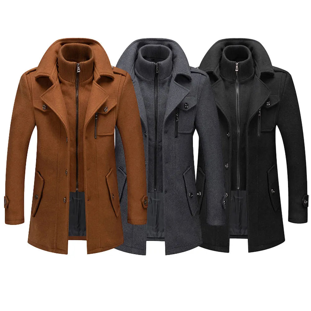 New Men's Double Collar Woolen Warm  Long  Wind proof Jacket