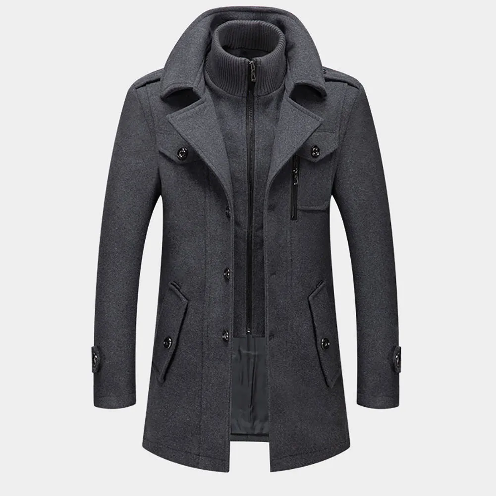 New Men's Double Collar Woolen Warm  Long  Wind proof Jacket