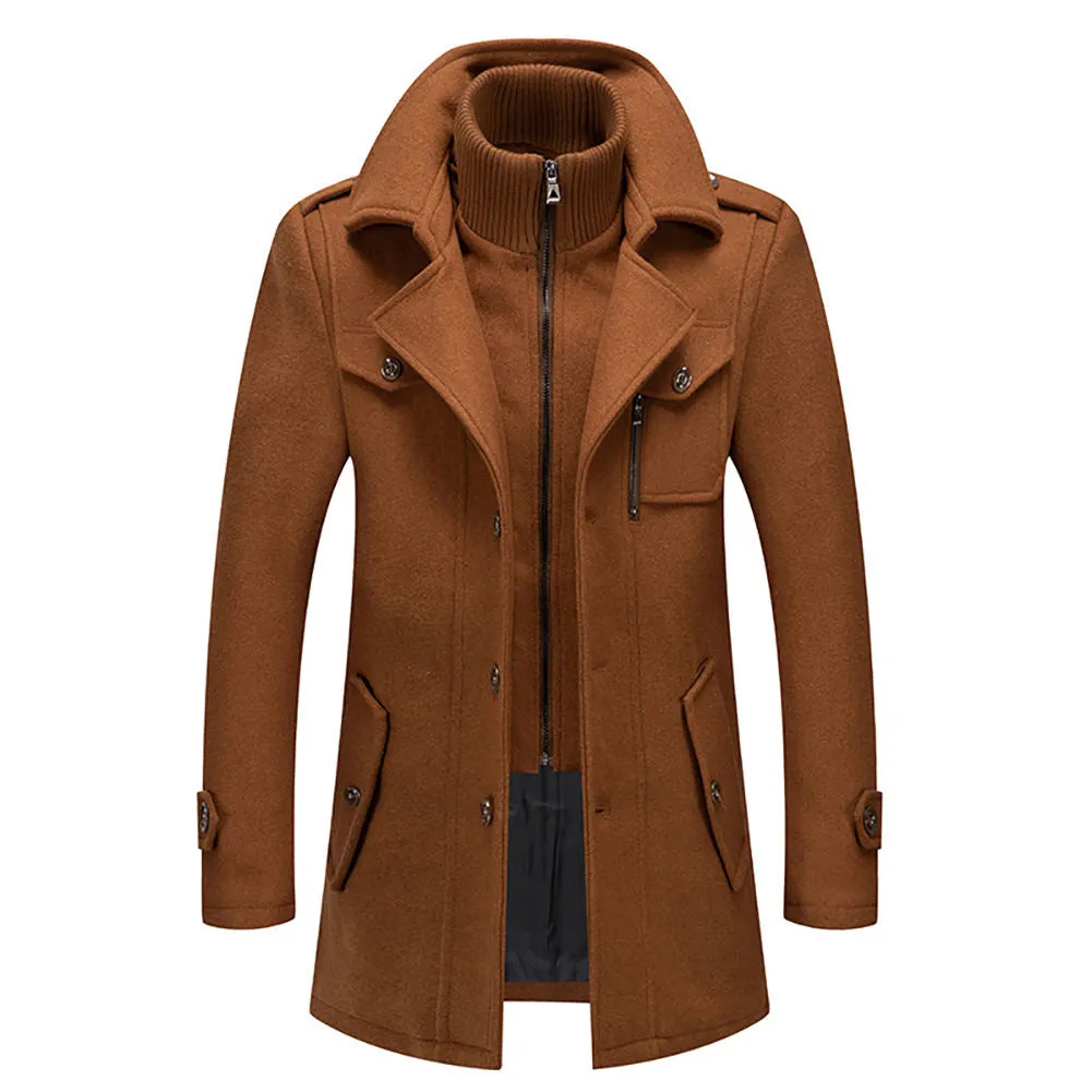 New Men's Double Collar Woolen Warm  Long  Wind proof Jacket