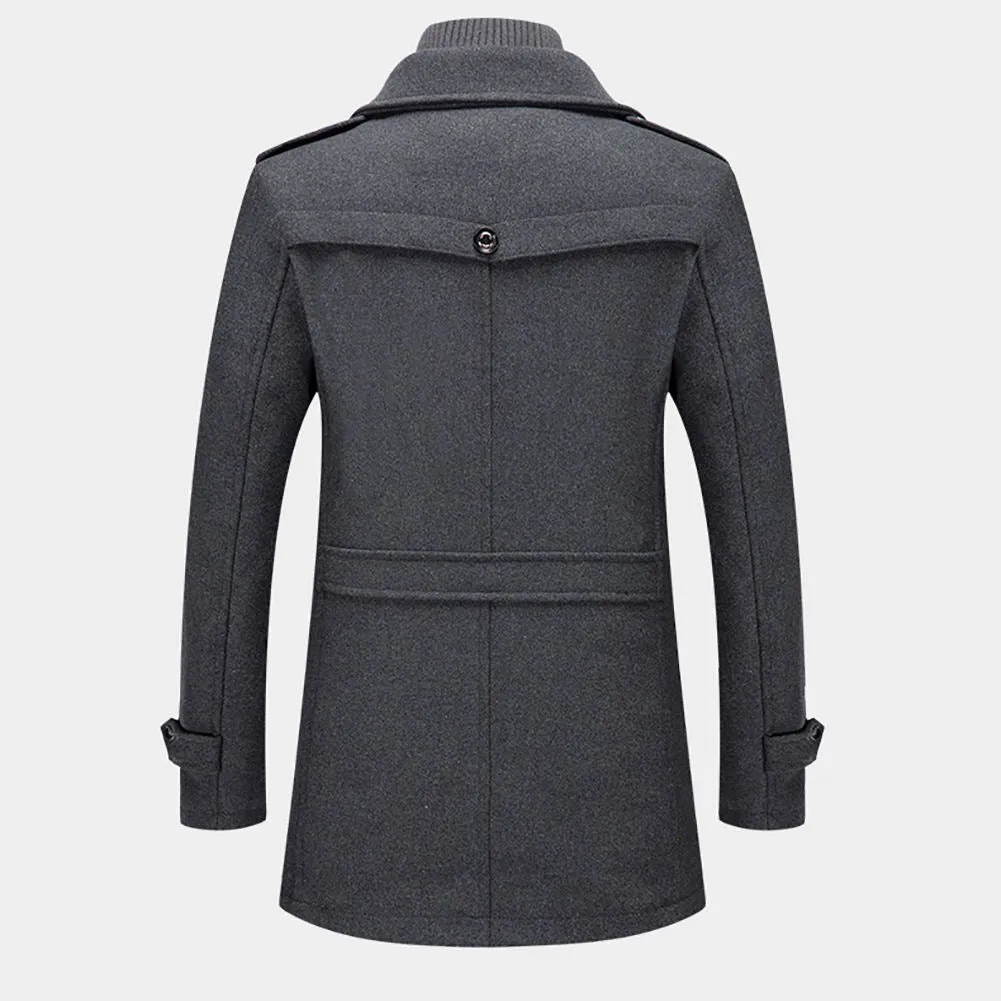 New Men's Double Collar Woolen Warm  Long  Wind proof Jacket
