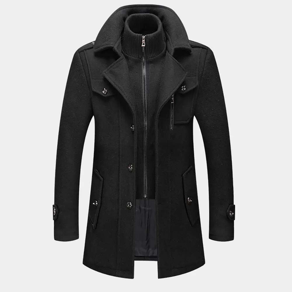 New Men's Double Collar Woolen Warm  Long  Wind proof Jacket