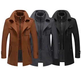 New Men's Double Collar Woolen Warm  Long  Wind proof Jacket