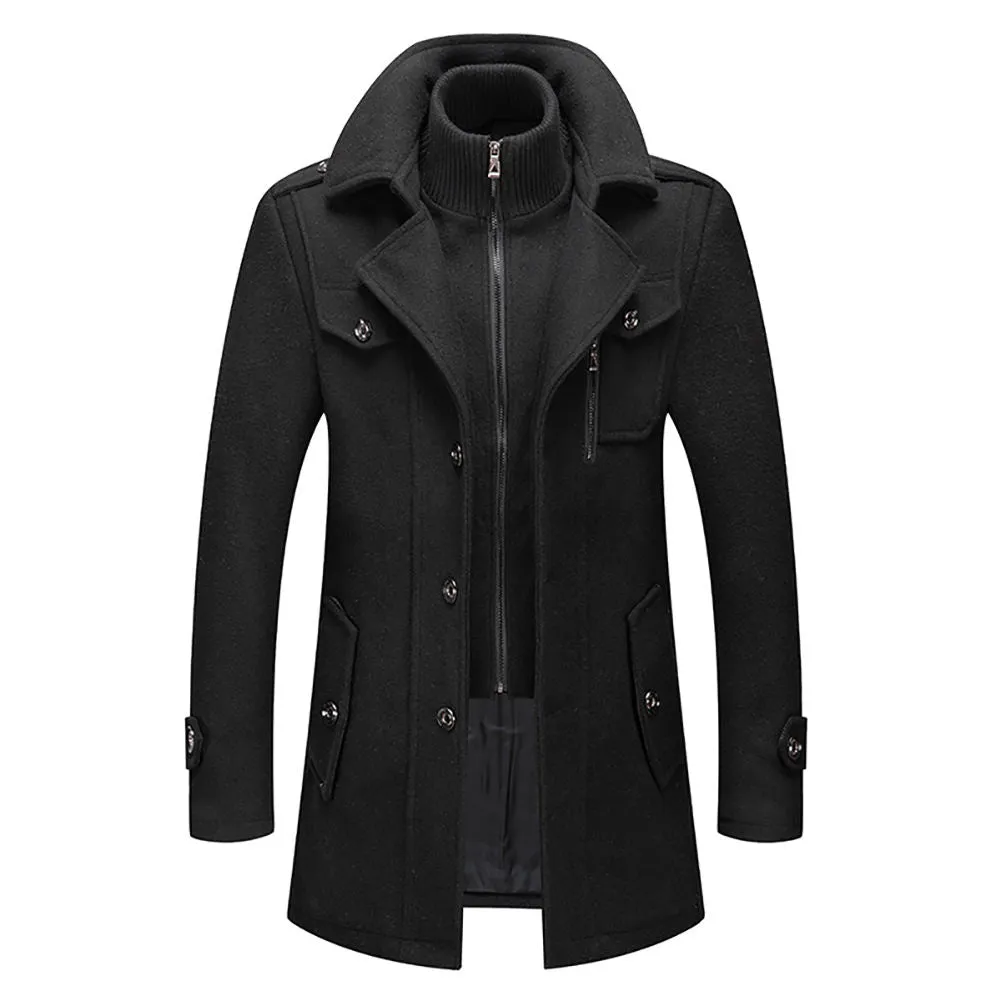 New Men's Double Collar Woolen Warm  Long  Wind proof Jacket