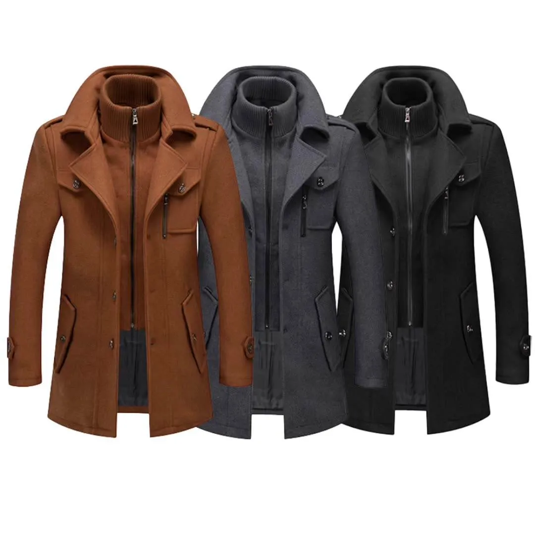 New Men's Double Collar Woolen Warm  Long  Wind proof Jacket