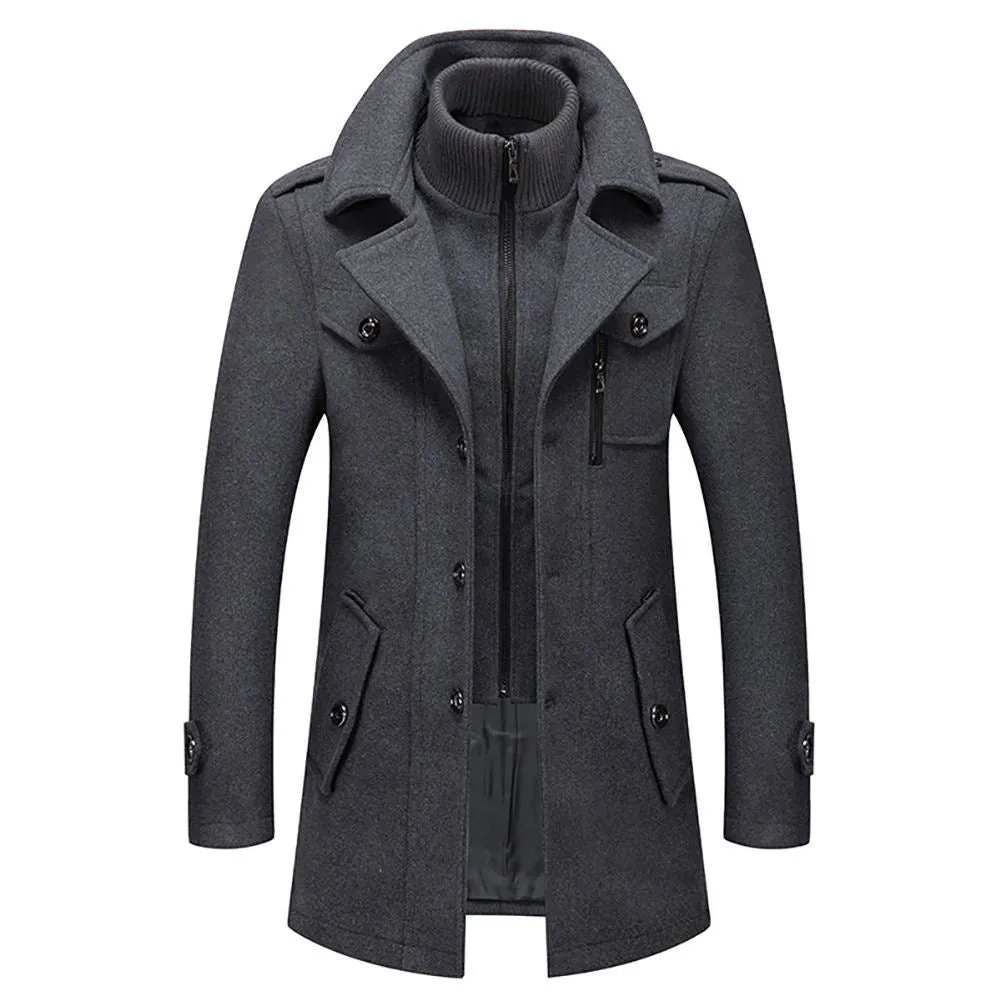 New Men's Double Collar Woolen Warm  Long  Wind proof Jacket
