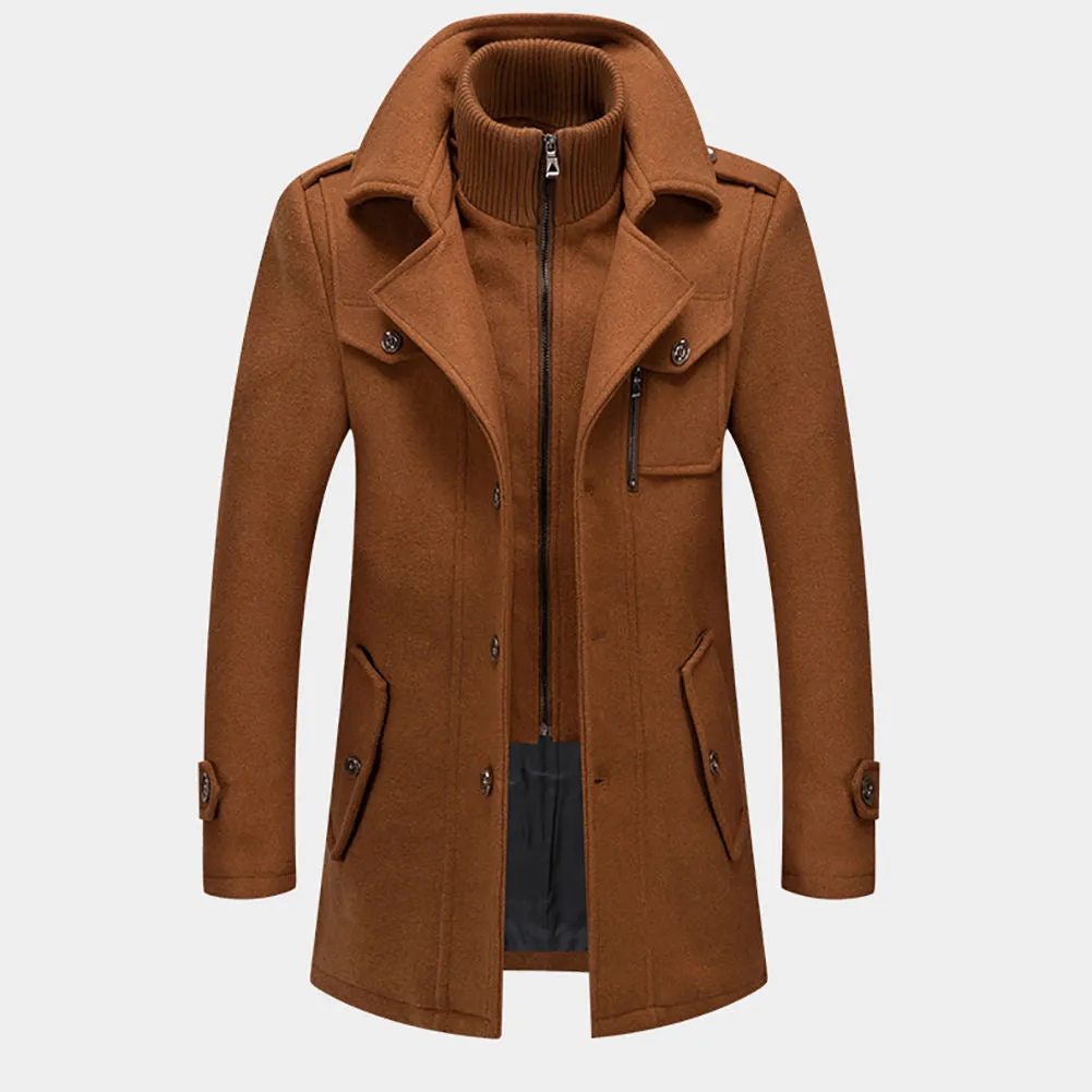 New Men's Double Collar Woolen Warm  Long  Wind proof Jacket