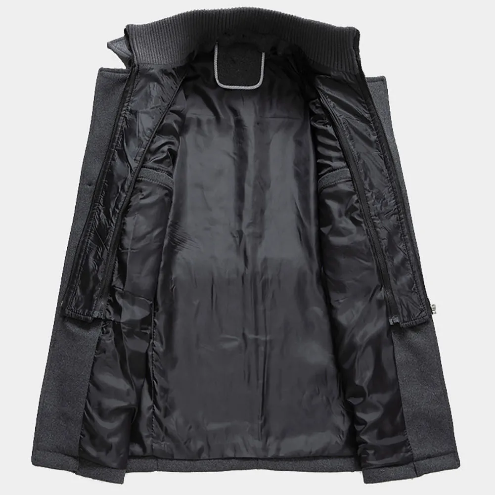 New Men's Double Collar Woolen Warm  Long  Wind proof Jacket
