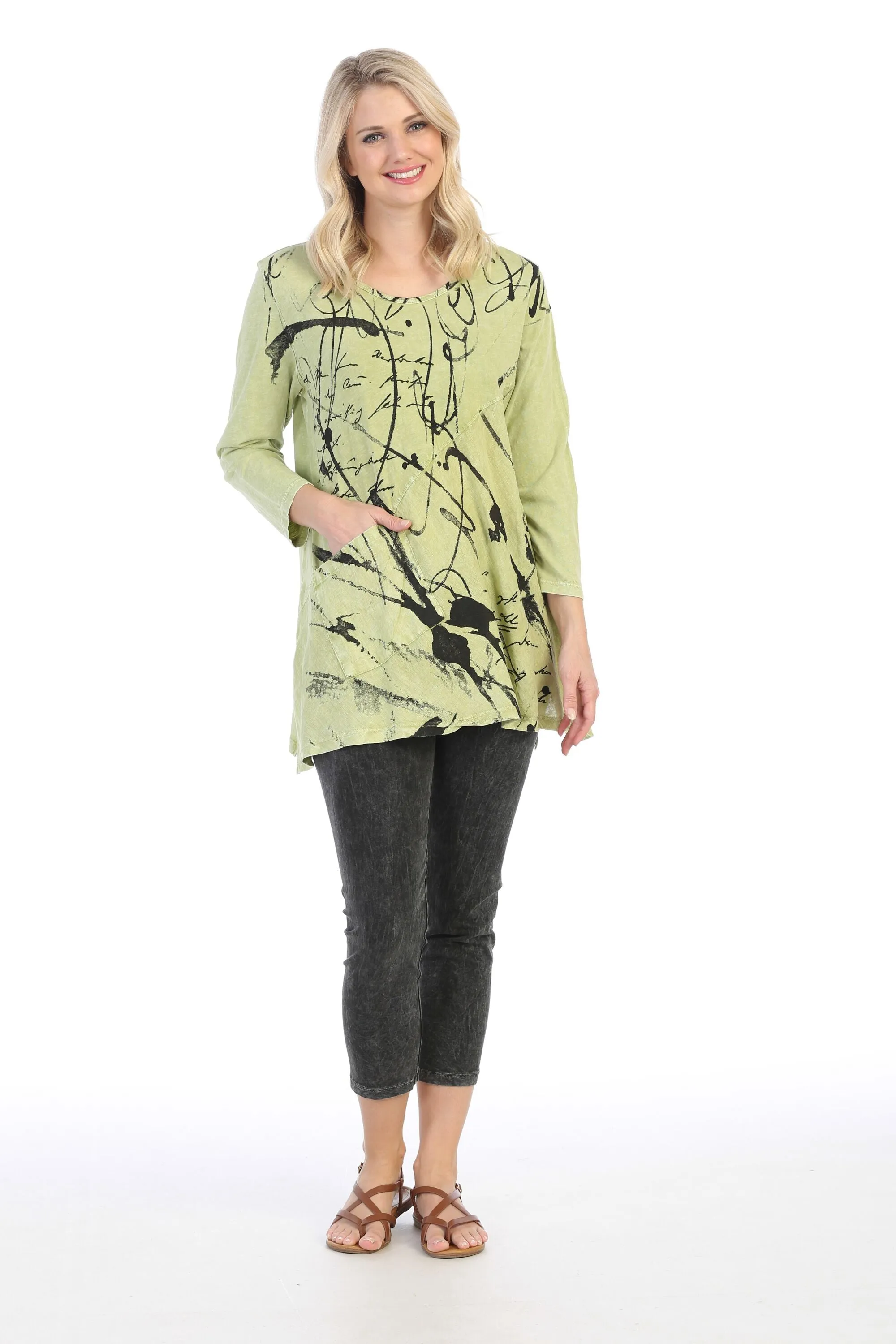 Scrolls Mineral Washed Cotton Top with Linen Contrast