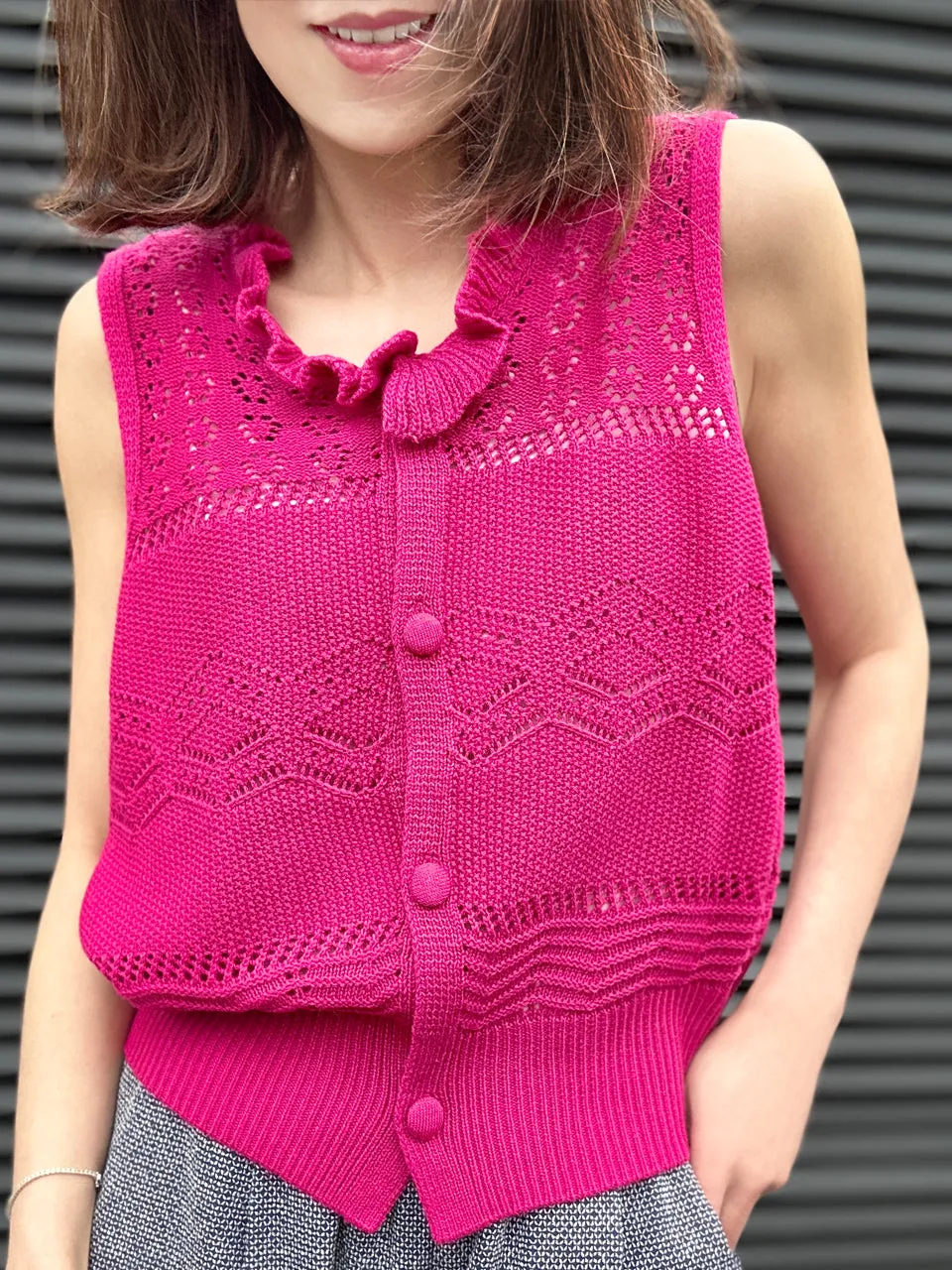 Surprise Sale! Hot Pink Ruffle Collar Pattern-stitched Button Front Vest