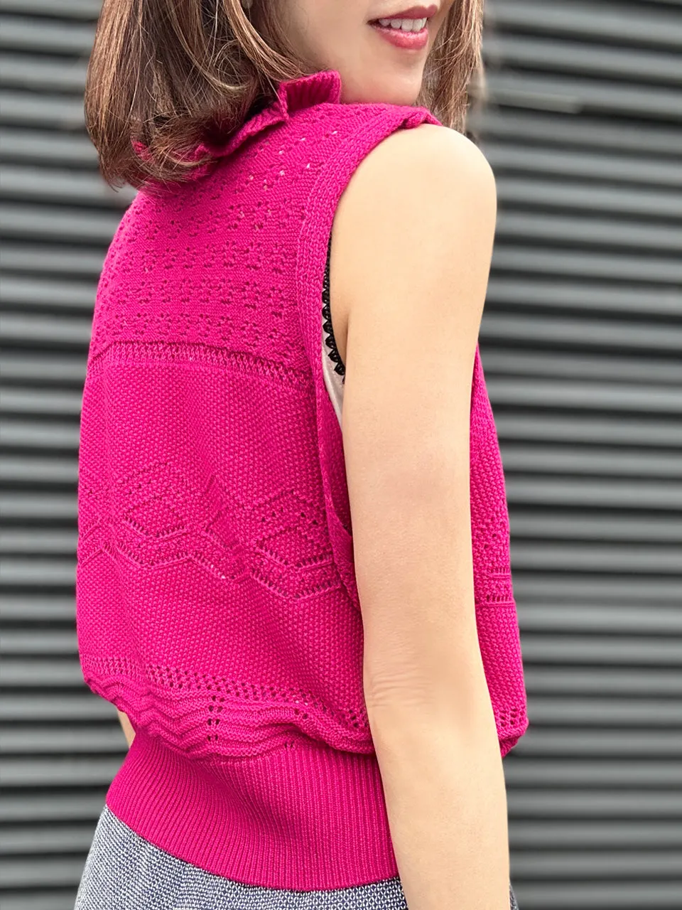 Surprise Sale! Hot Pink Ruffle Collar Pattern-stitched Button Front Vest