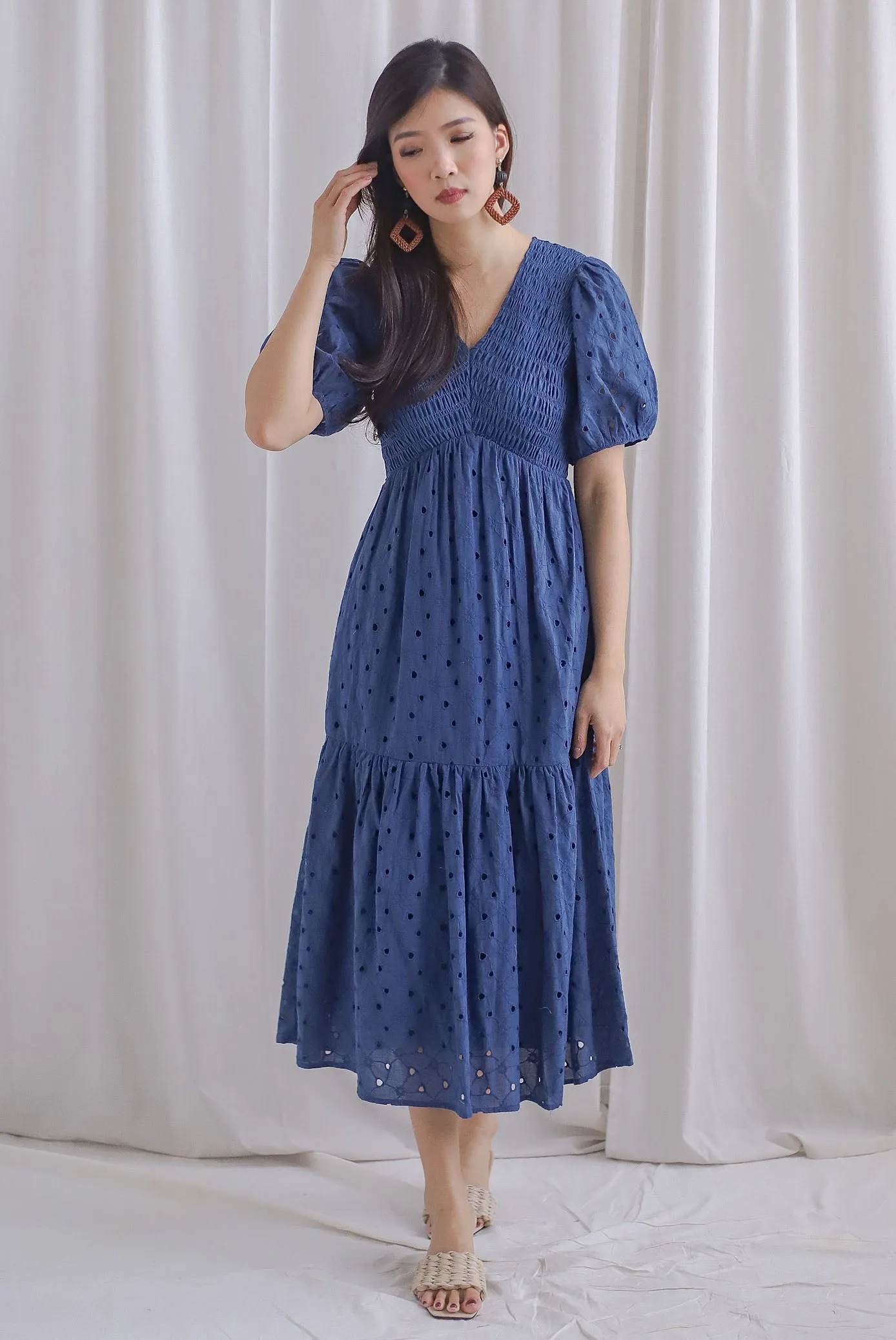 TDC Coraline Eyelet Smocked Empire Dress In Navy Blue