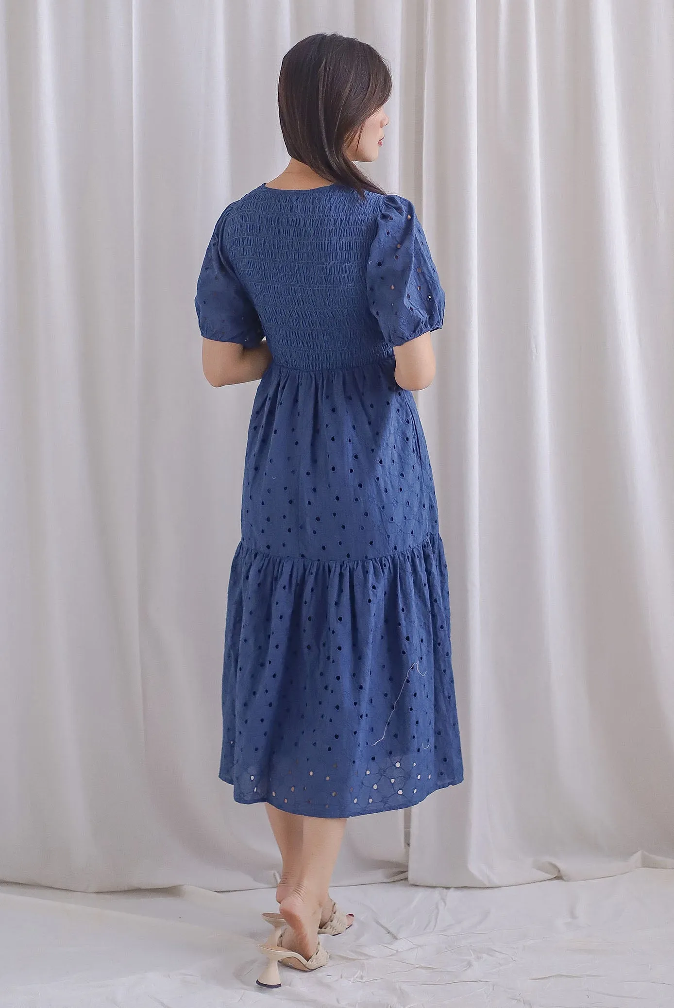 TDC Coraline Eyelet Smocked Empire Dress In Navy Blue