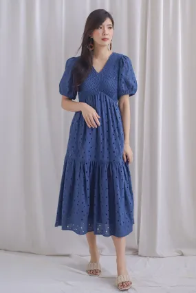 TDC Coraline Eyelet Smocked Empire Dress In Navy Blue