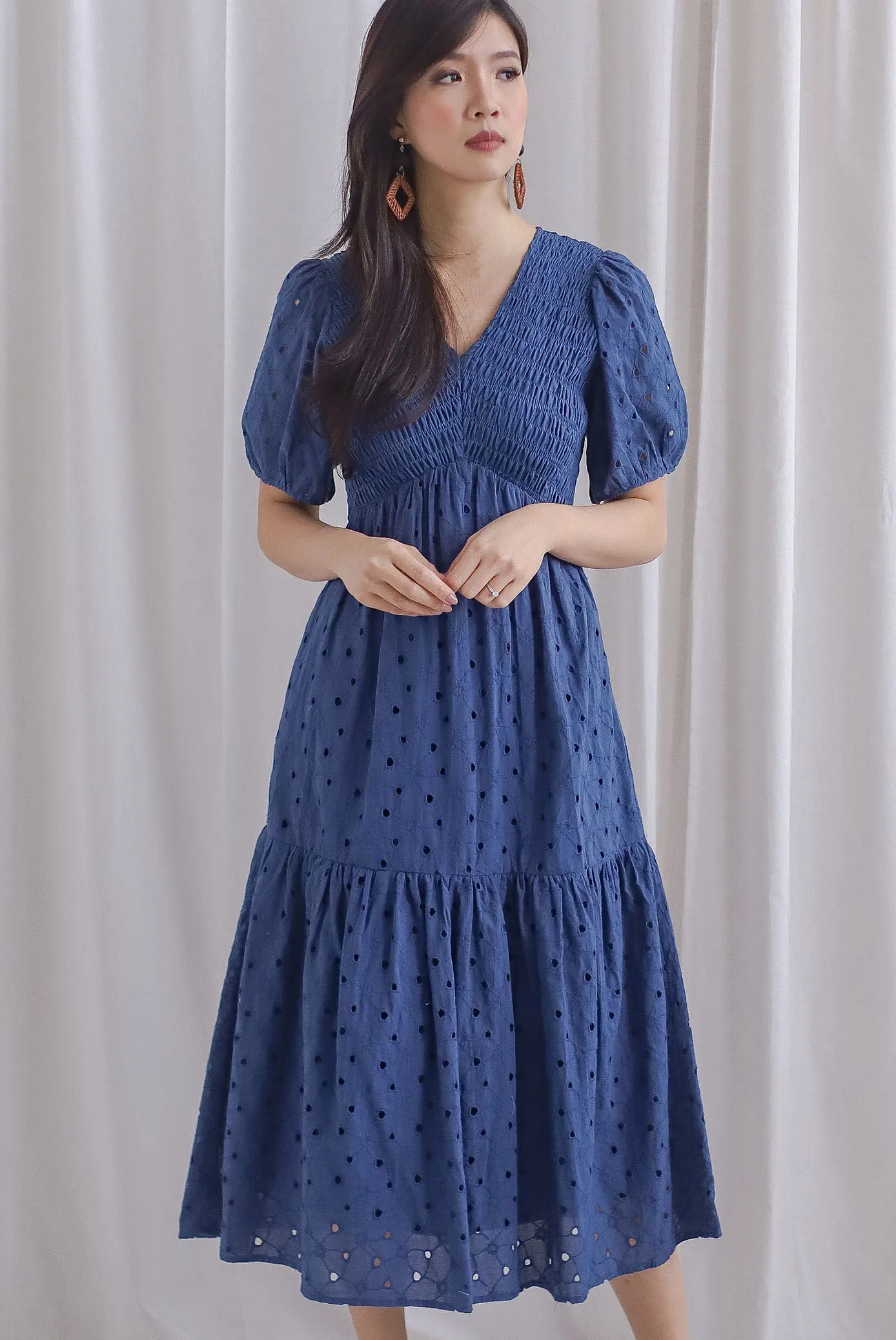 TDC Coraline Eyelet Smocked Empire Dress In Navy Blue