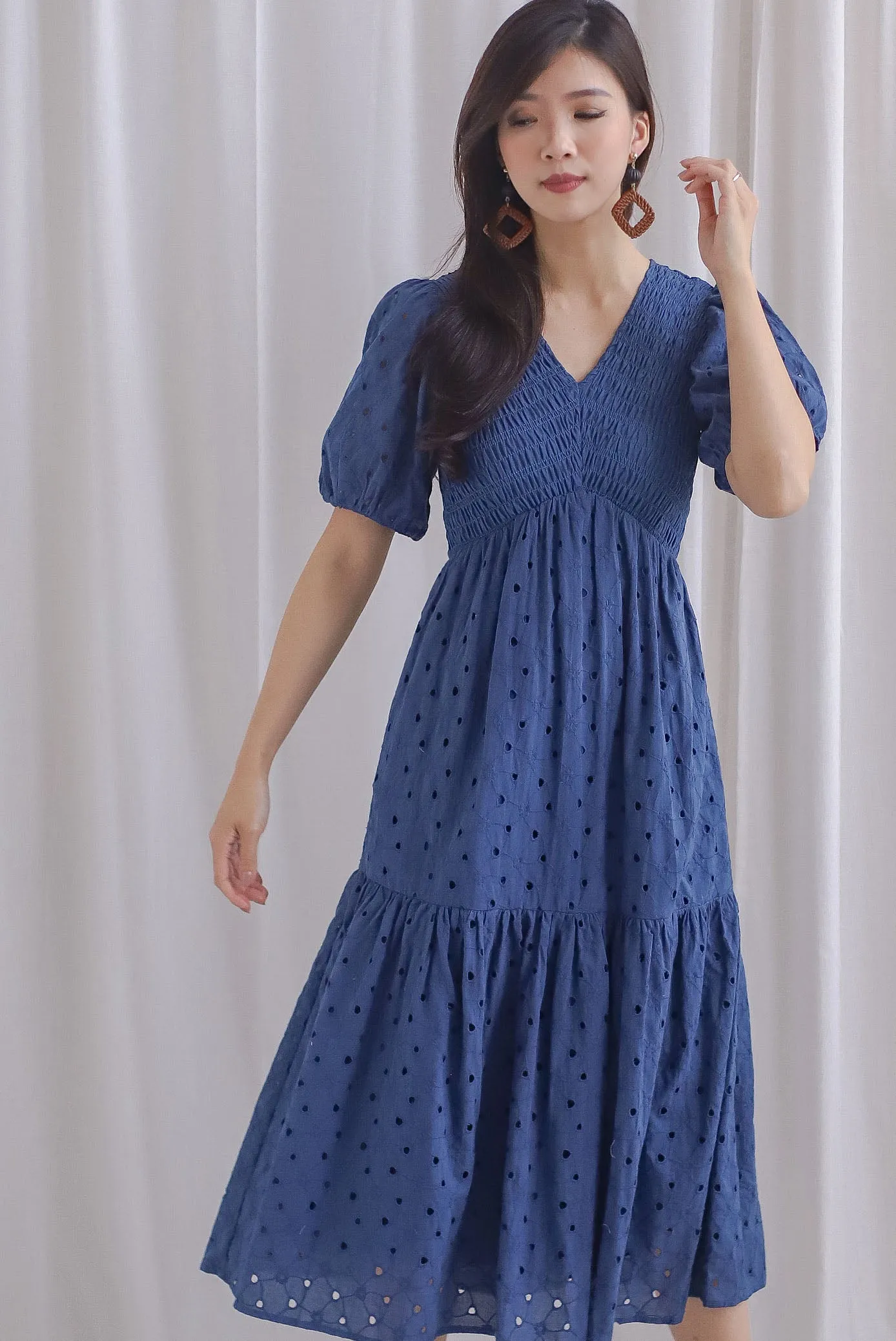 TDC Coraline Eyelet Smocked Empire Dress In Navy Blue