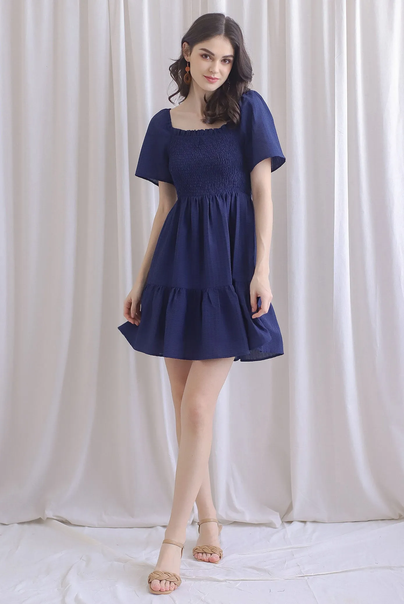 TDC Trinny Flutter Sleeve Smock Dress In Navy Blue